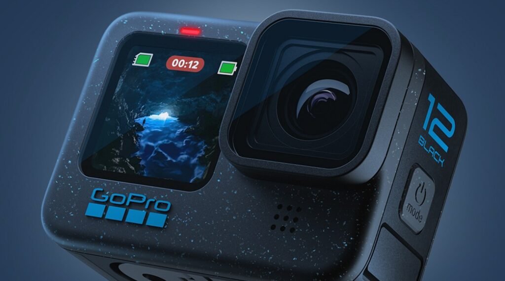 GoPro HERO12 Black with screen showing stabilization features for action shots.