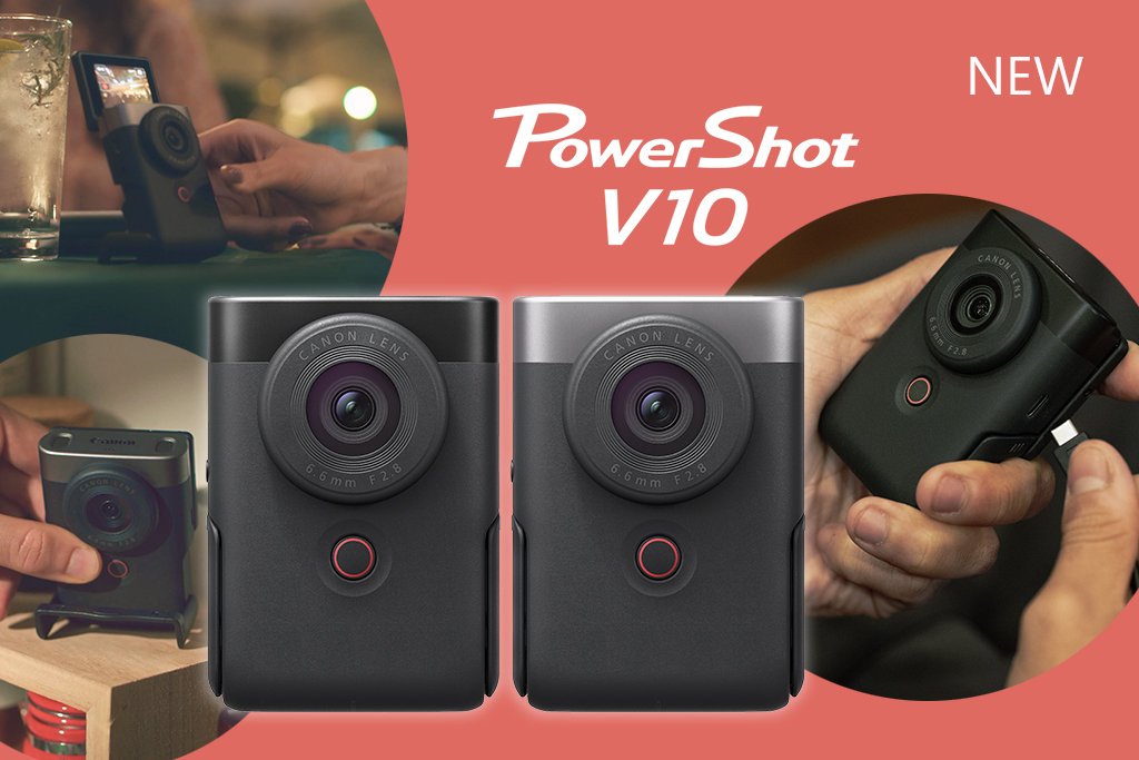 Canon PowerShot V10 front view with flip-up screen, designed for content creators.